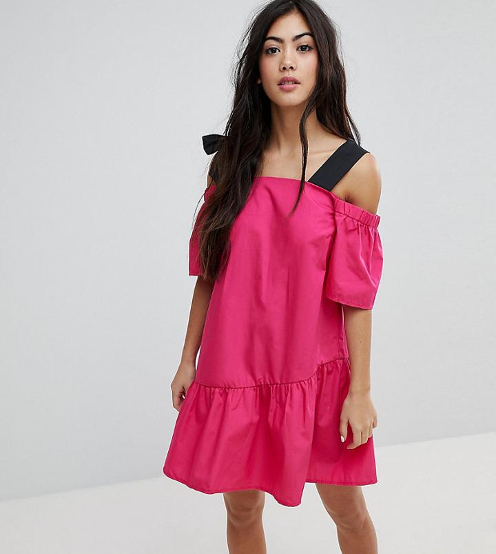 Asos Petite Pep Hem Cotton Cold Shoulder Mini Dress - Pink