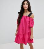 Asos Petite Pep Hem Cotton Cold Shoulder Mini Dress - Pink