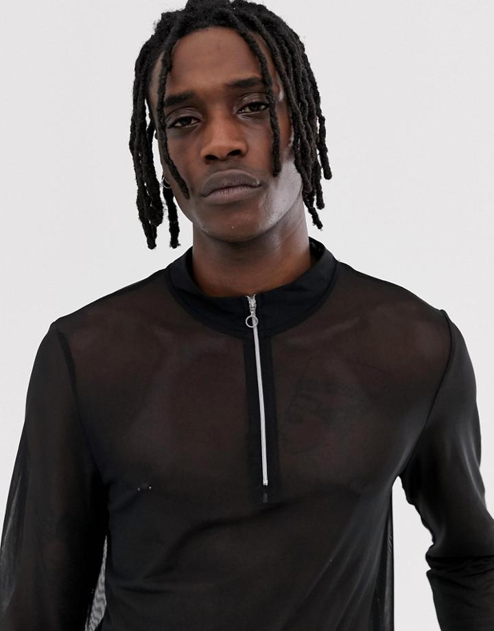 Asos Design Long Sleeve T-shirt With Zip Neck In Mesh-black