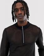 Asos Design Long Sleeve T-shirt With Zip Neck In Mesh-black