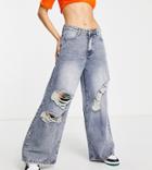 Missguided Petite Ripped Wide Leg Jean In Blue