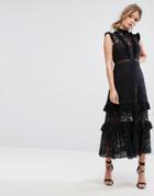 Three Floor Tiered Lace Midi Dress - Black