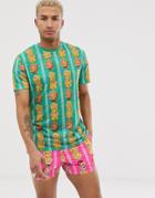 Asos Design Relaxed Fit T-shirt Two-piece In Linen Look With All Over Citrus Print - Green