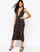 Asos Midi Dress In Metallic Leopard Print With Plunge Neck - Multi