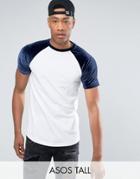 Asos Tall T-shirt With Mini Curved Hem And Contrast Velour Raglan Sleeves In Navy - White