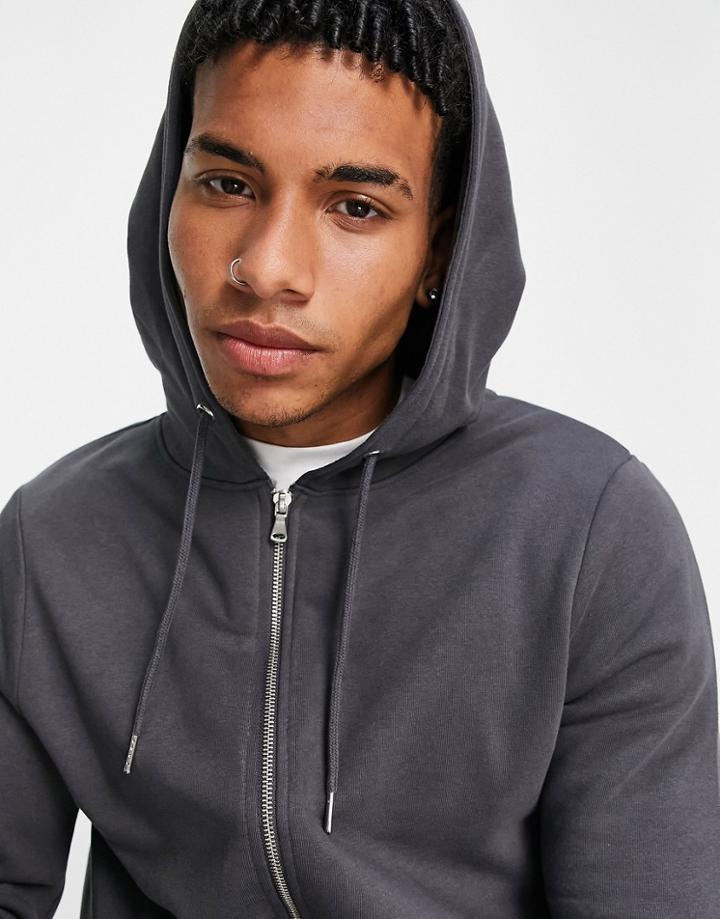 New Look Zip Through Hoodie In Dark Gray-grey