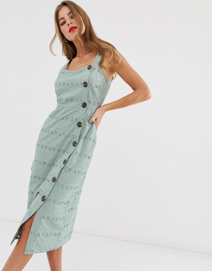 Asos Design Button Through Midi Sundress In Palm Broderie-green