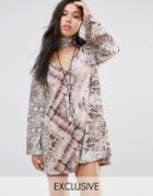 Milk It Vintage Long Sleeve Swing Dress With High Neck Collar In Abstract Animal Print - Multi