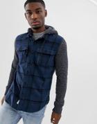 Hollister Check Flannel Shirt With Jersey Hood In Navy - Navy