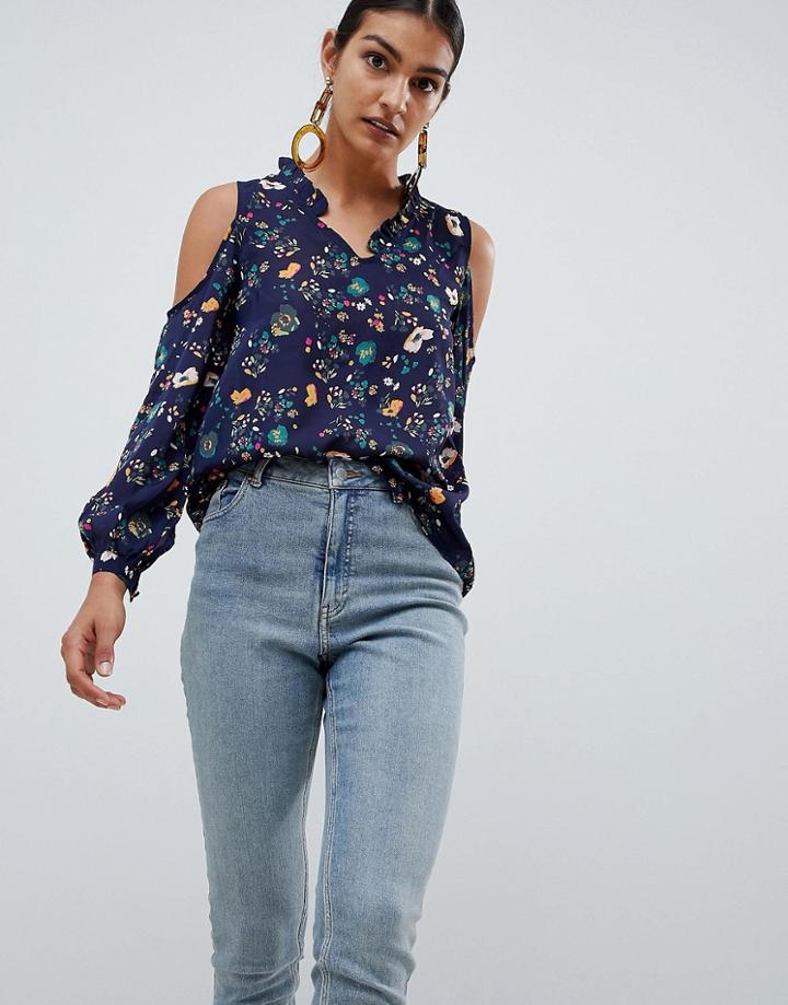 Angel Eye Long Sleeve Floral Top With Frill Detail - Cream