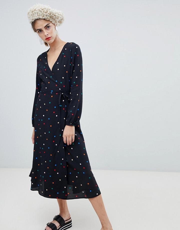 New Look Printed Wrap Midi Dress In Black - Black