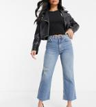 Asos Design Petite High Rise Stretch 'effortless' Crop Kick Flare Jeans In Midwash With Thigh Rip-blues