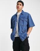Topman Short Sleeve Overshirt With Pocket Detailing In Mid Wash Denim-blue