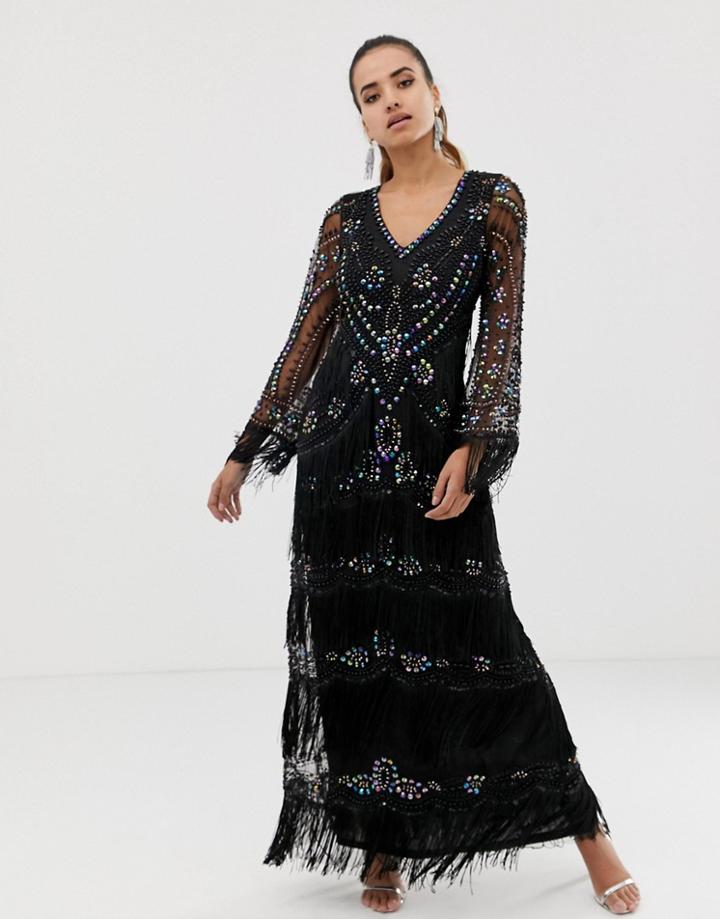 Starry Eyed Long Sleeve Maxi Dress With Embellished Detail - Black