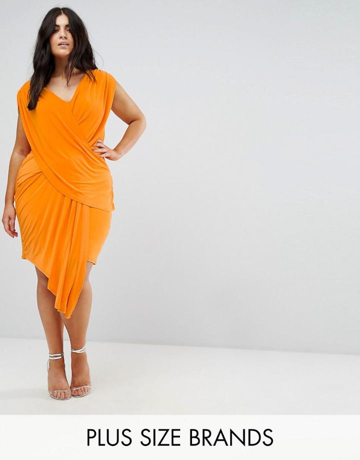 Club L Plus Slinky Drape Wrap Front And Wrap Back Dress With Asymmetric Hem - Orange