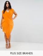 Club L Plus Slinky Drape Wrap Front And Wrap Back Dress With Asymmetric Hem - Orange