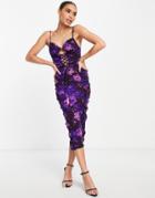 Asos Design Cami Lace Up Front Ruched Midi Dress In Purple Floral Print-multi