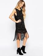 Hazel Embellished Shift Dress Fringe Trim - Black