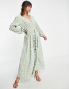 Asos Design Gathered Waist Maxi Dress In Seersucker In Sage Green