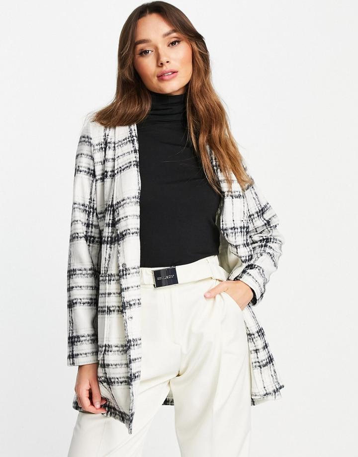 Vero Moda Brushed Straight Coat In White With Black Check