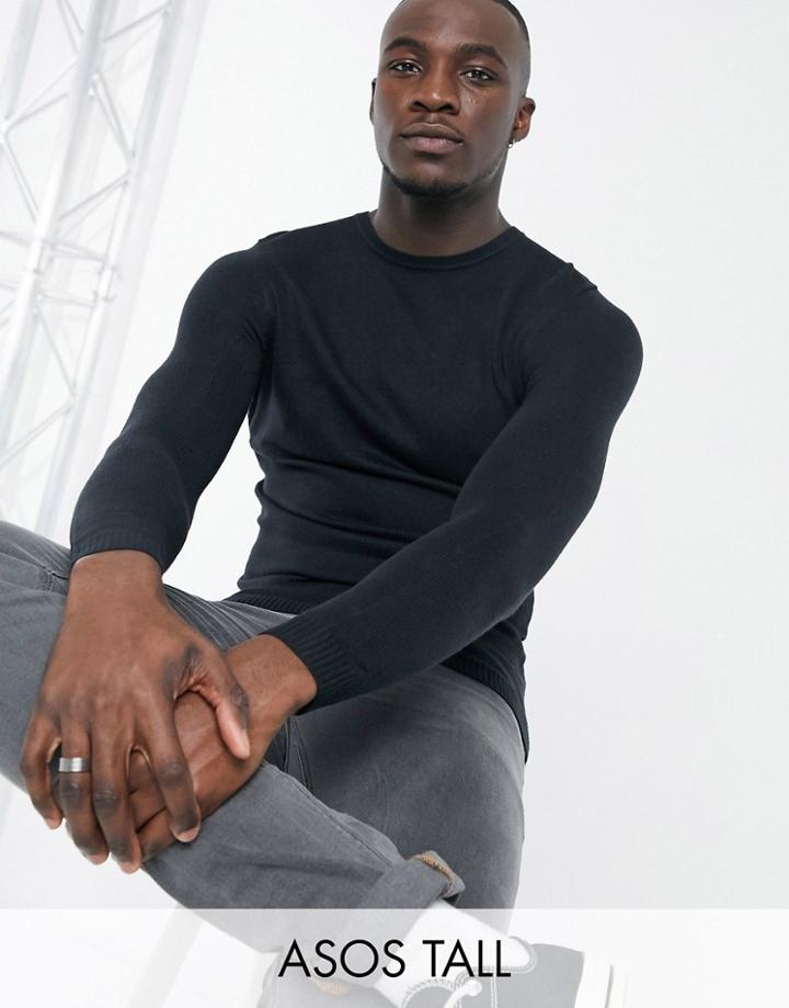 Asos Design Tall Knitted Muscle Fit Sweater In Navy