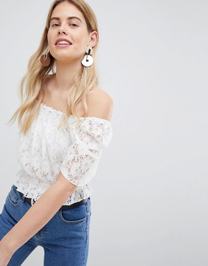 New Look Shirred Bardot Crop Top - Cream