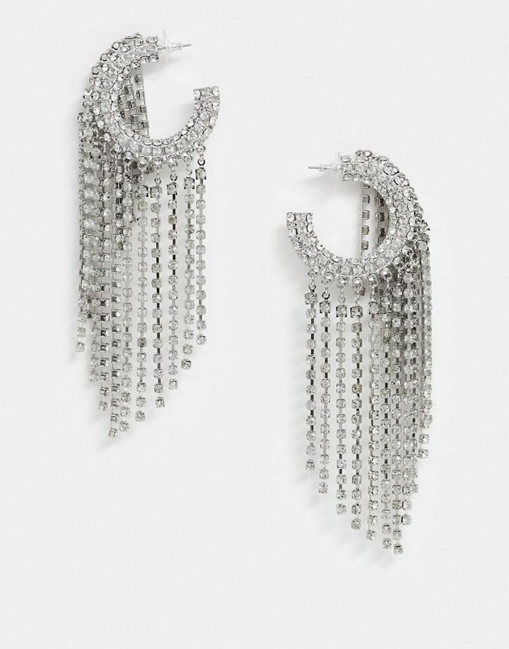 Asos Design Crystal Drenched Hoop Earrings In Silver Tone