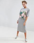 Asos Midi T-shirt Dress With Printed Woven Overlay - Gray