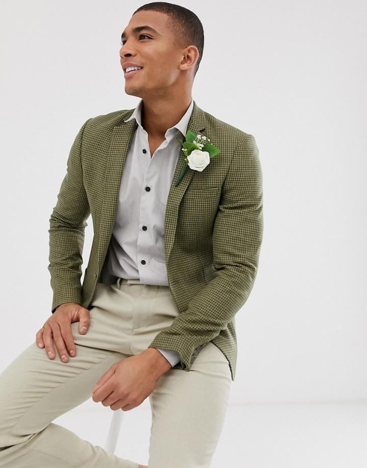 Asos Design Wedding Super Skinny Blazer With Wool Mix Micro Check In Green
