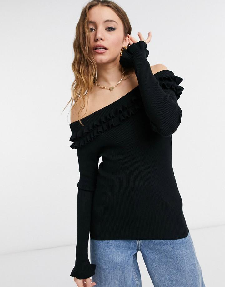 Qed London Bardot Ruffle Sweater In Black