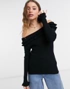 Qed London Bardot Ruffle Sweater In Black