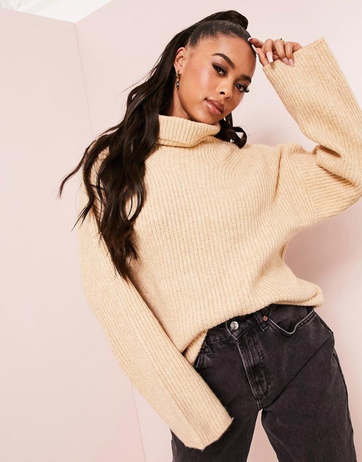 Asos Design Fluffy Roll Neck Longline Sweater-neutral