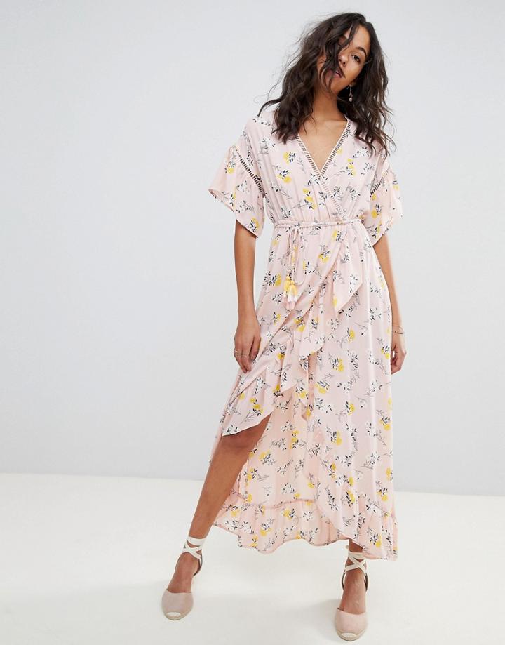 Moon River Ditsy Floral Wrap Maxi Dress - Pink