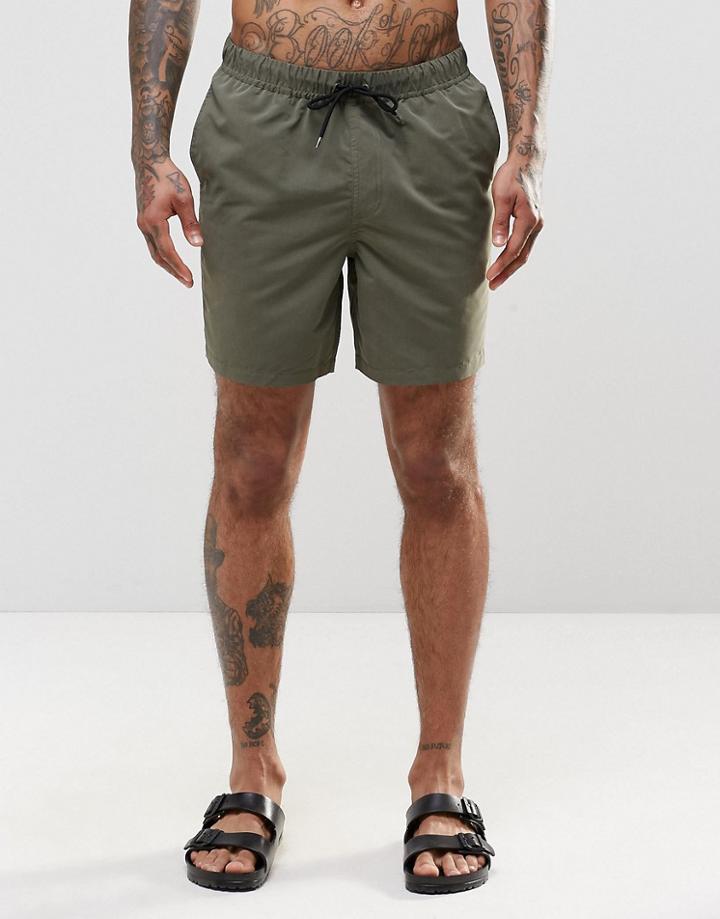 Asos Mid Length Swim Shorts In Khaki - Green