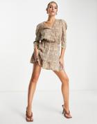 Ax Paris Mini Smock Dress With Plunge Front In Camel Chain Print-neutral