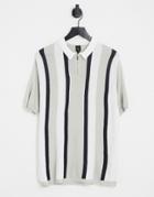 River Island Short Sleeve Vertical Stripe Polo Shirt In Gray
