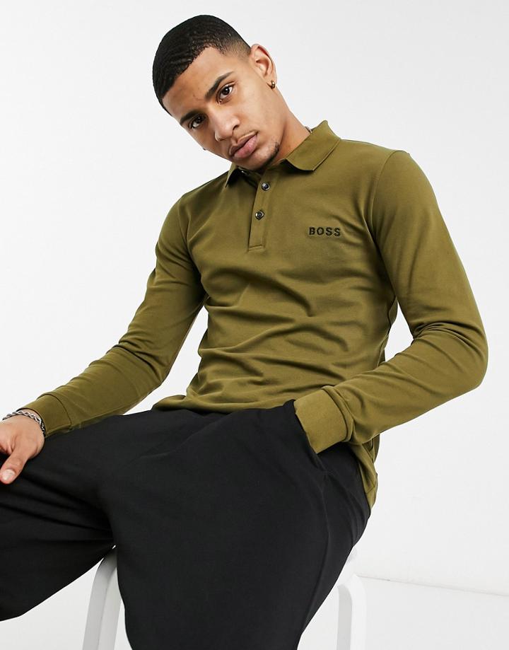 Boss Passerflash Long Sleeve Polo In Khaki-green