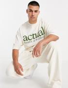 Asos Actual Oversized T-shirt In Ecru Brushed Heavyweight Cotton With Green Printed Chest Logo - Part Of A Set-white