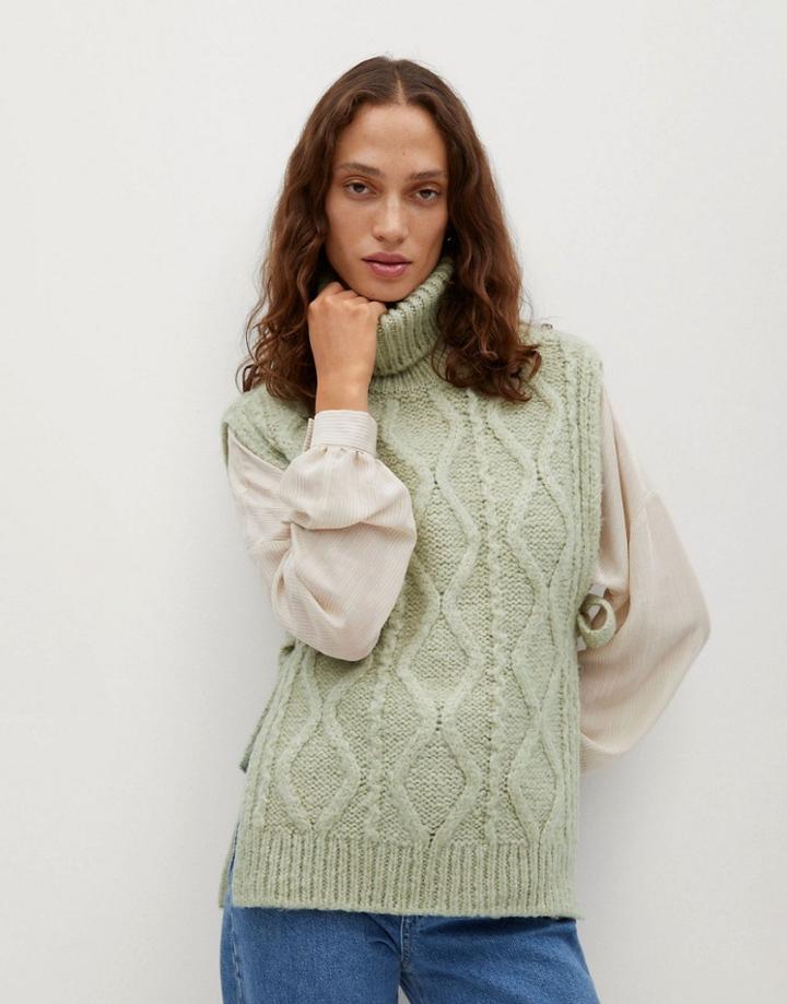 Mango Roll Neck Knitted Tank Top In Sage-green