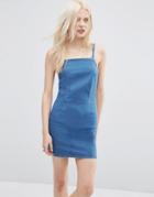 Asos Denim Strappy Dress In Mid Wash Blue - Blue