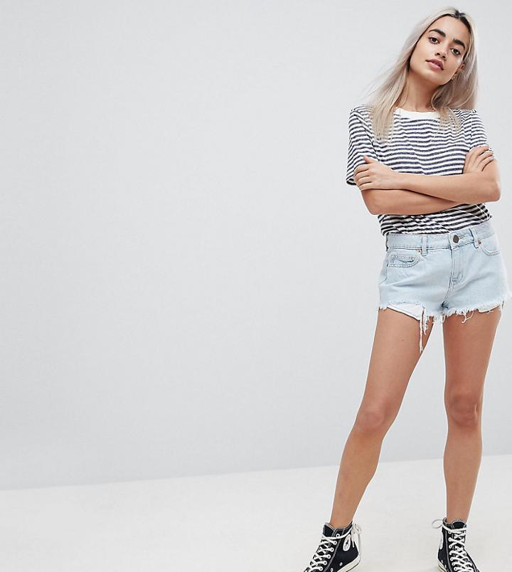 Asos Design Petite Denim Mid Rise Short With Raw Hem In Light Wash Blue - Blue