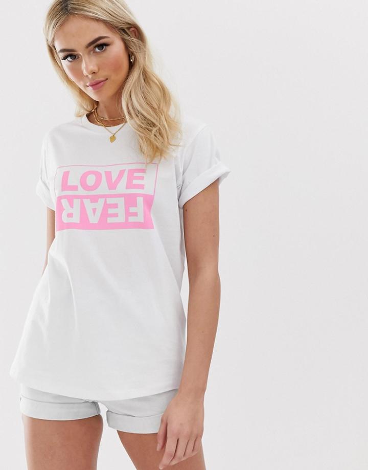 Asos Design T-shirt With Love And Fear Motif In Bright Pink - Beige