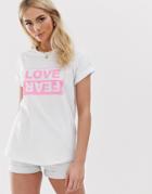 Asos Design T-shirt With Love And Fear Motif In Bright Pink - Beige