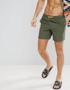 Asos Swim Shorts In Khaki With Neon Orange Drawcord In Mid Length - Green