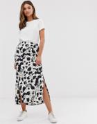 Asos Design Bias Satin Midi Skirt With Split In Mono Splodge Print-multi