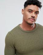 Asos Design Muscle Fit Textured Sweater In Khaki - Green