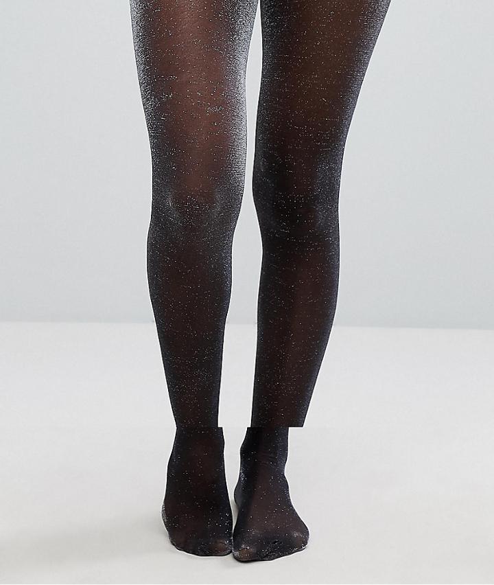 Asos High Metallic Sheer Tights In Silver - Black