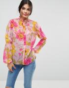 Asos Blouse With Ruffle High Neck In Bright Pink Retro Floral - Multi