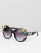 Jeepers Peepers Oversized Sunglasses With 3d Flowers - Black