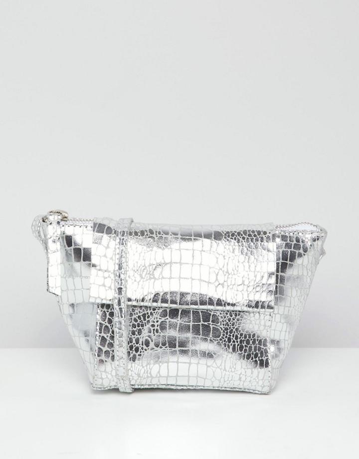 Asos Design Suede Winged Cross Body Bag In Metallic Croc - Silver